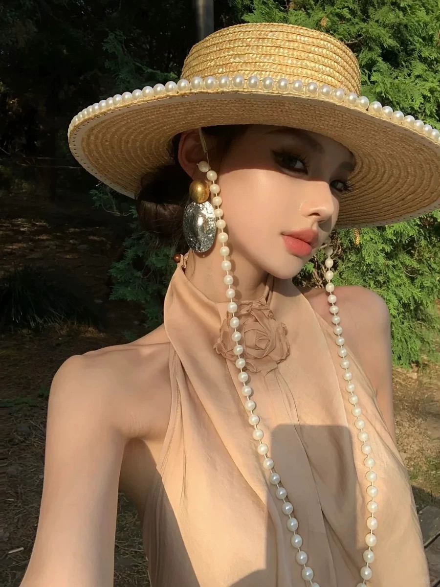 Cowboy Hat Straw - Topi Jerami Rantai Mutiara Fashion Musim